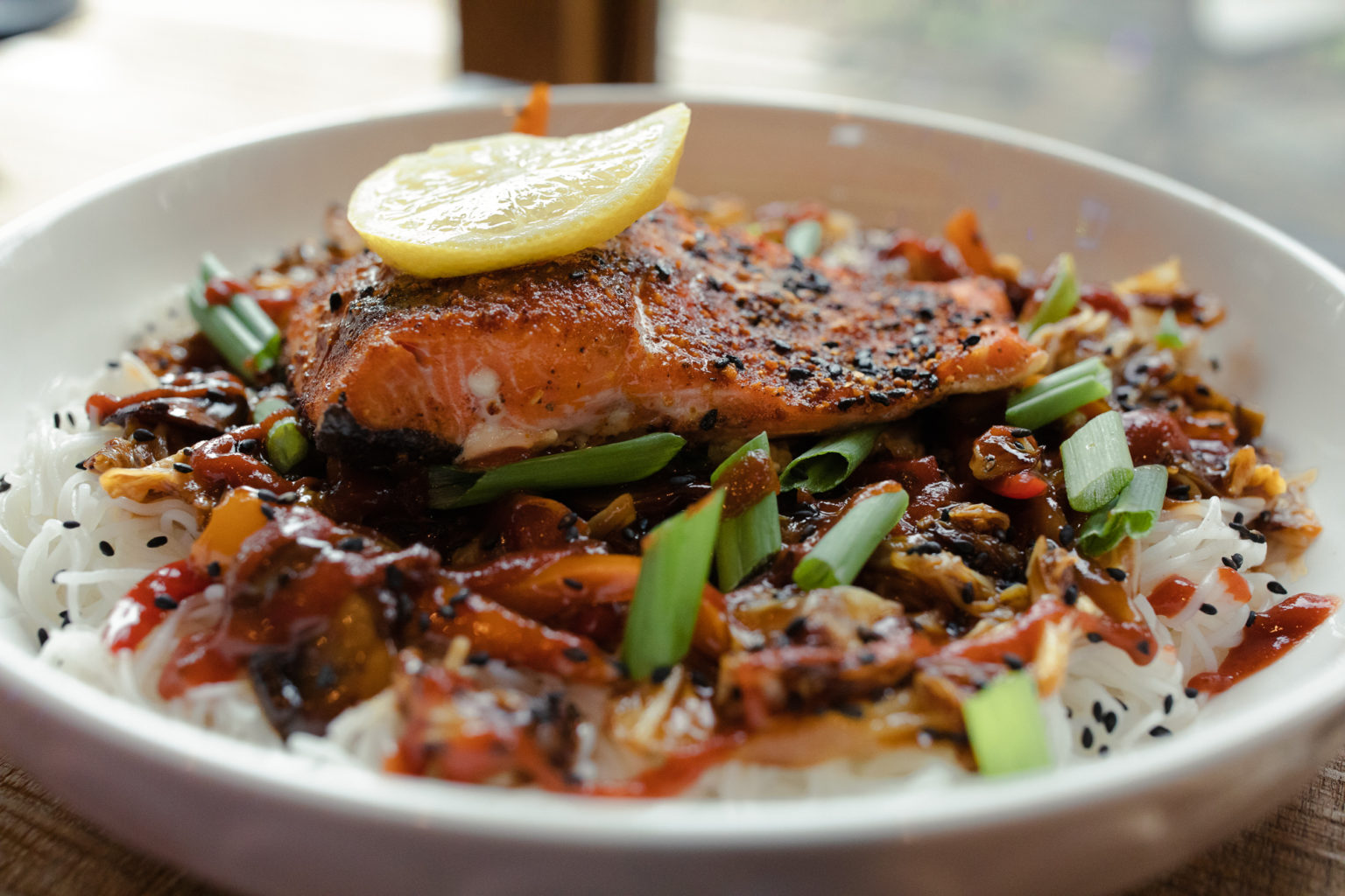 Grilled Togarashi Salmon Rice Noodle Bowl - Or Whatever You Do